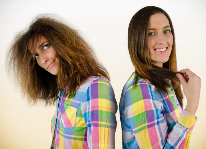 Haare vor und nach dem Glätten