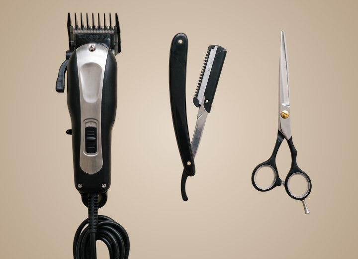 Friseurwerkzeuge: Haarschneidemaschine, Rasiermesser und Scheren
