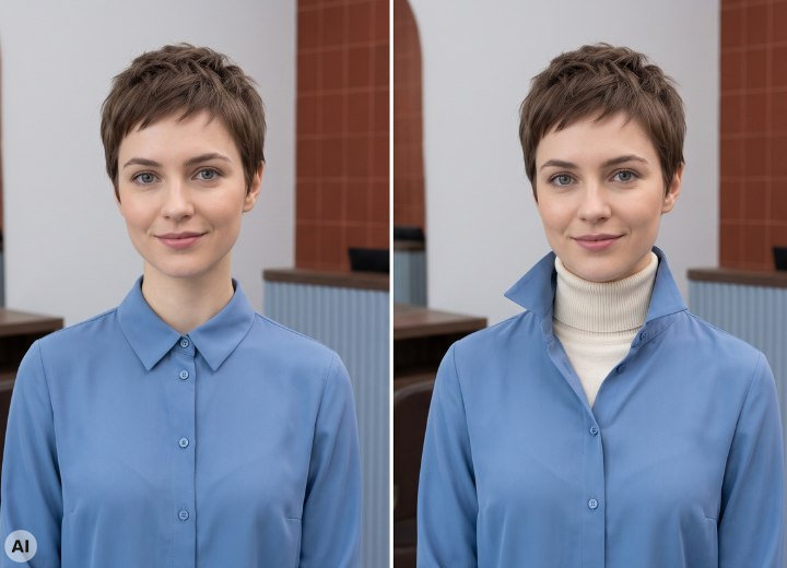 Rollkragen und hochgestellter Hemdkragen, kombiniert mit kurzen Haaren