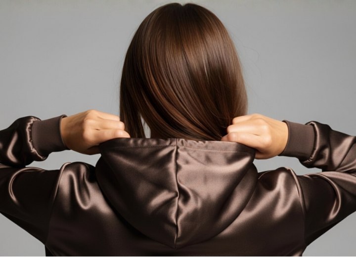 Frau, die einen glänzenden Satin-Hoodie trägt