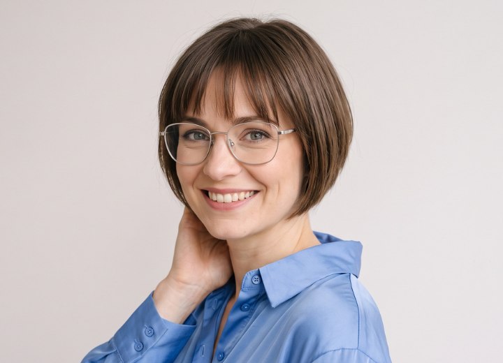Eine Frau, die einen sehr kurzen Bob trägt