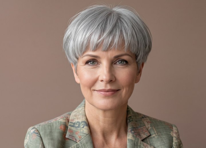 Frau mit trendigem, kurzem grauem Haar