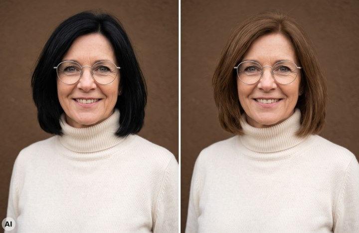 Ältere Frau vor und nach einer helleren Haarfarbe