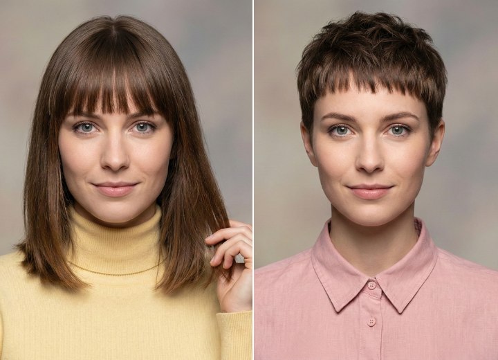 Vorher-Nachher-Vergleich von langen zu kurzen Haaren